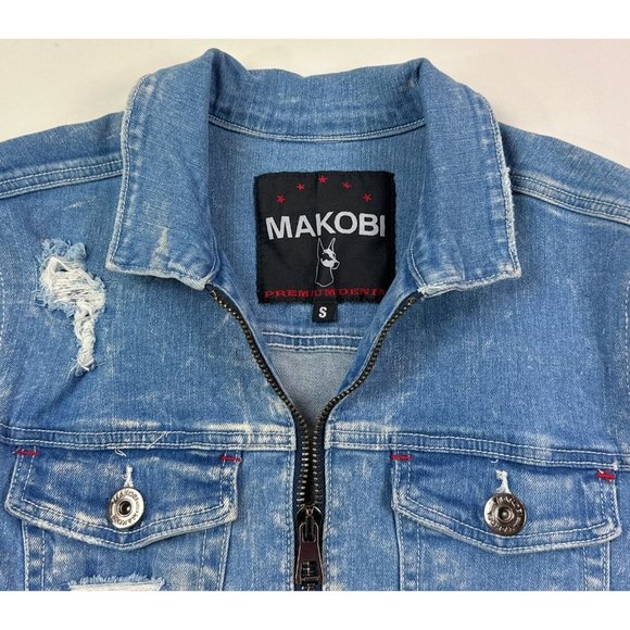 Makobi Mens Small Full Zip Denim Jean Jacket Blue Pink White Distressed M1010 - Picture 4 of 11